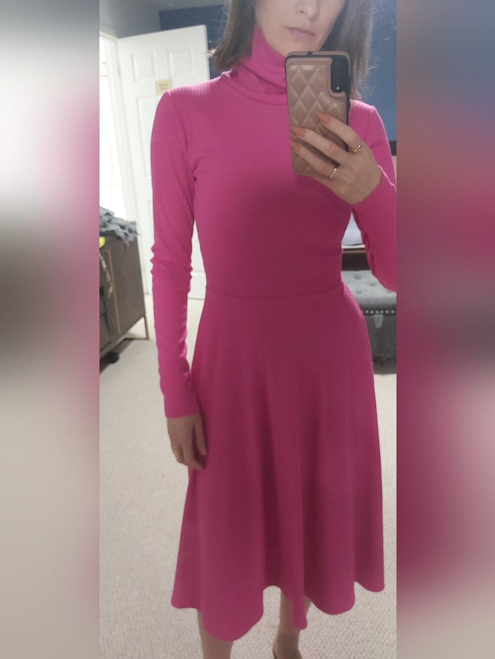 Hot Pink Long Sleeve Turtleneck Midi Dress Size S